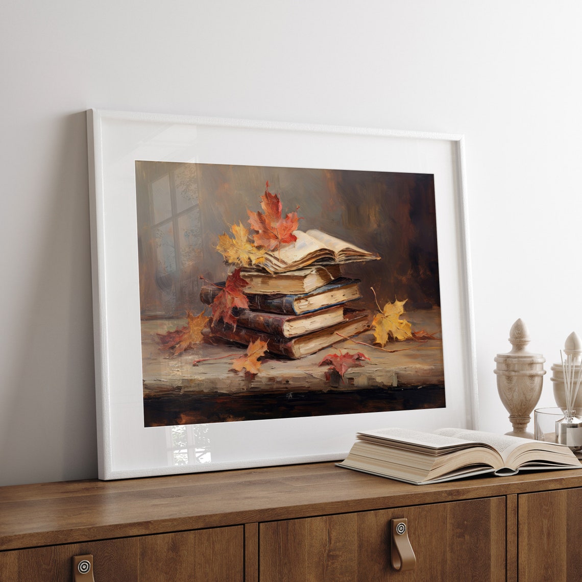 Stack of Books with Autumn Maple Leaves Still Life Fall Reading Poster - Image 8