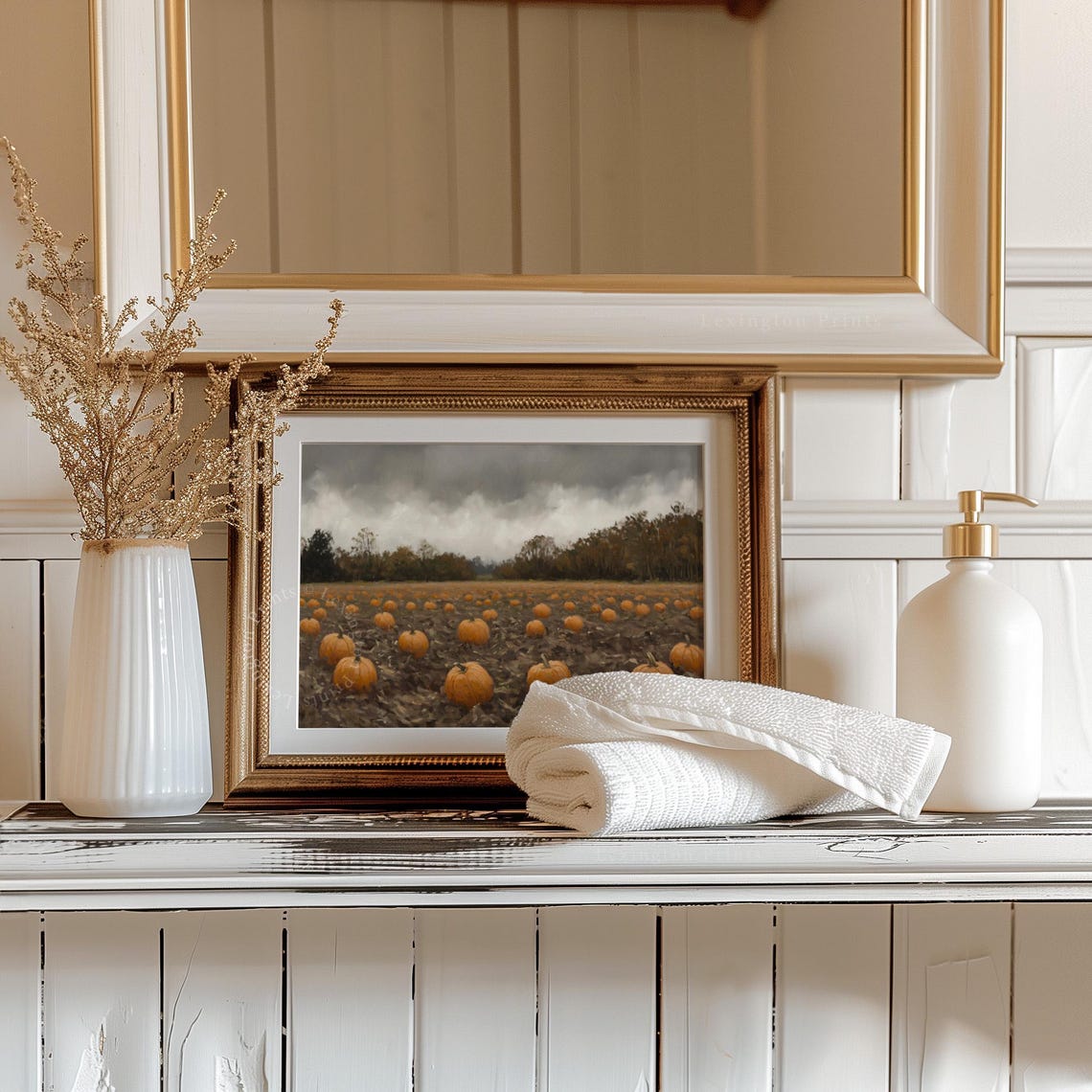 Pumpkin Field Under Stormy Autumn Sky Oil Painting Harvest Poster - Image 2