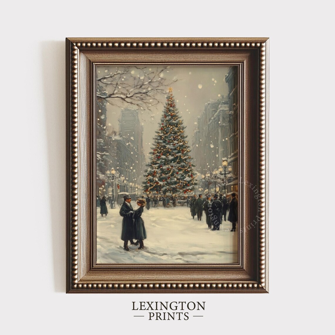 Snowy City Christmas Tree Vintage Couple Winter Painting Poster - Image 5