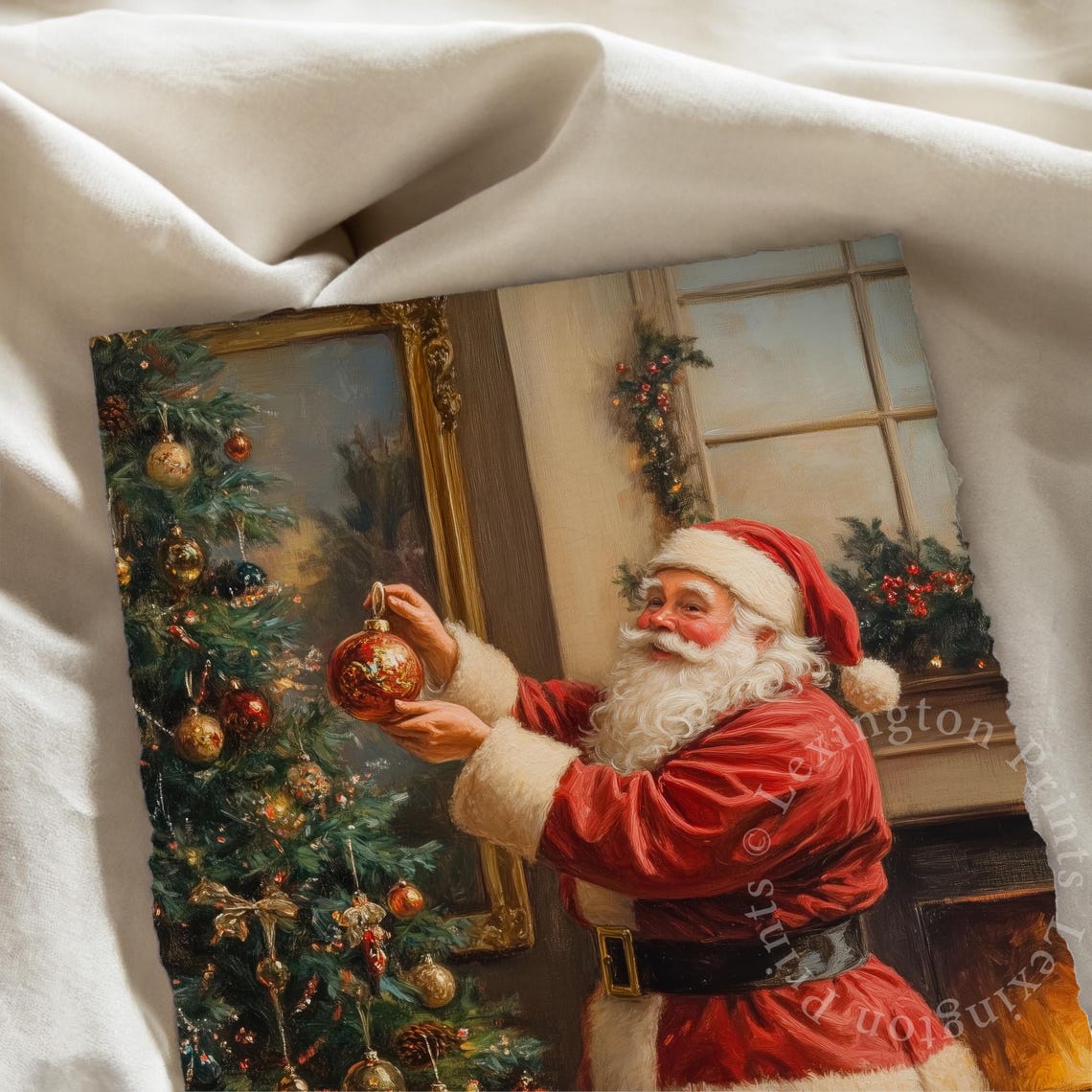 Santa Claus Decorating Christmas Tree Vintage Holiday Scene Poster - Image 8