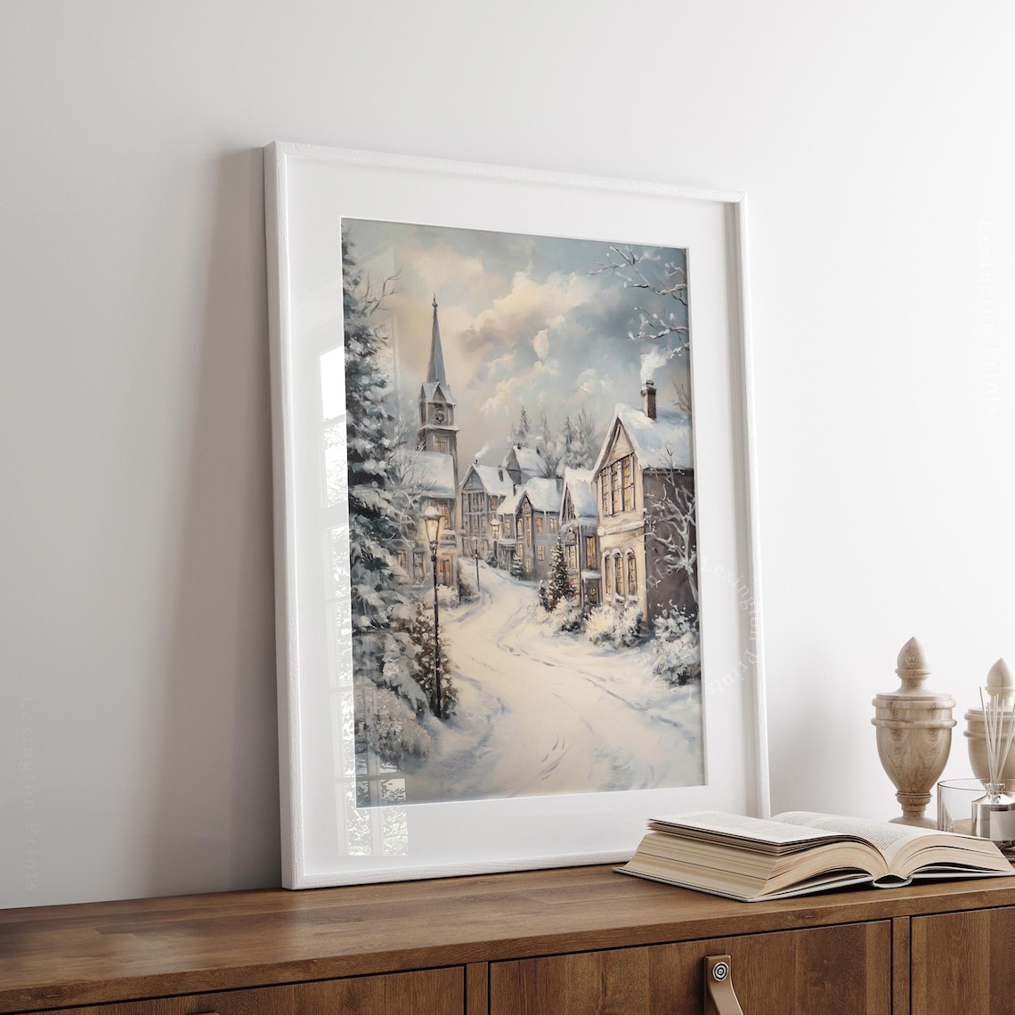 Snowy Village Church Steeple Christmas Winter Painting Poster - Image 2