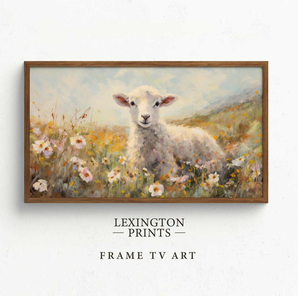 White Lamb in Wildflower Meadow Spring Scene Frame TV Art Poster - Image 5