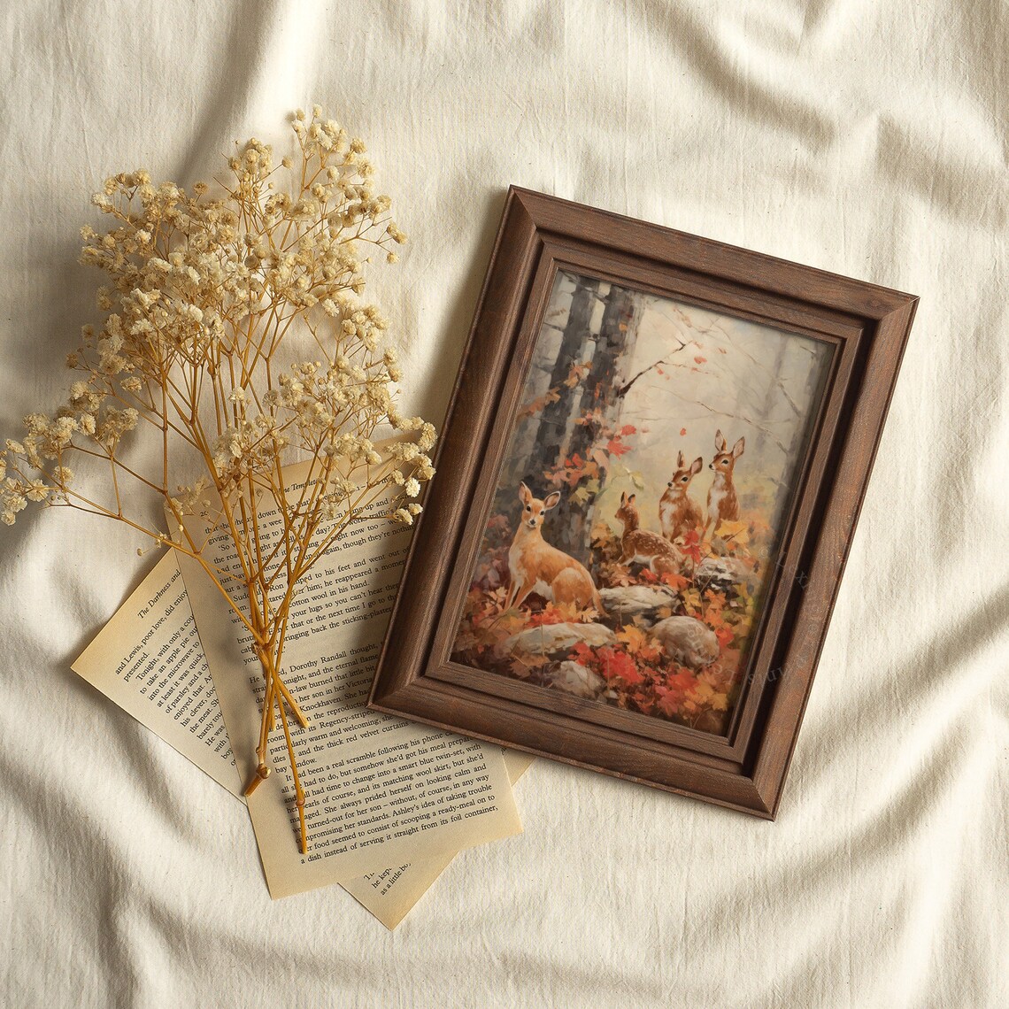 Fawn Family Among Red Autumn Leaves Misty Forest Fall Wildlife Wall Art - Image 3