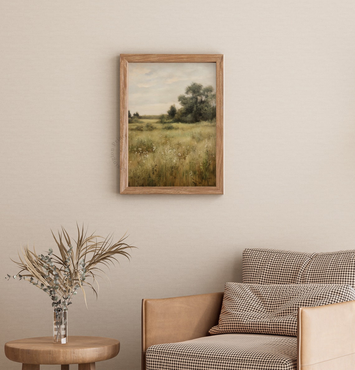 Golden Wildflower Meadow With Distant Trees Serene Landscape Art Print - Image 2