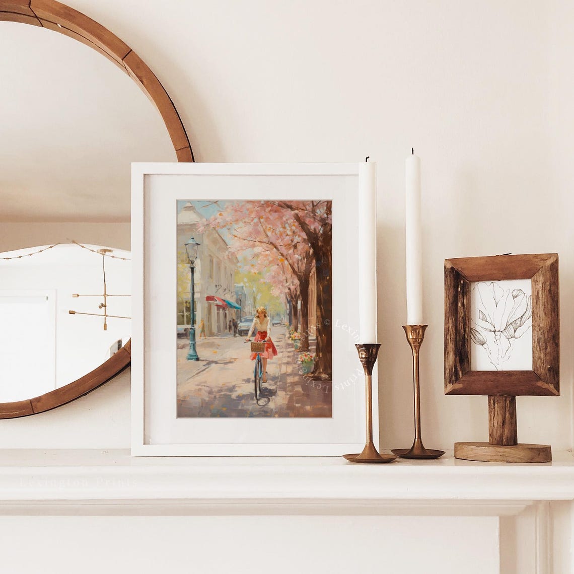 Woman Riding Bike Down Cherry Blossom Street Spring Town Wall Art - Image 3