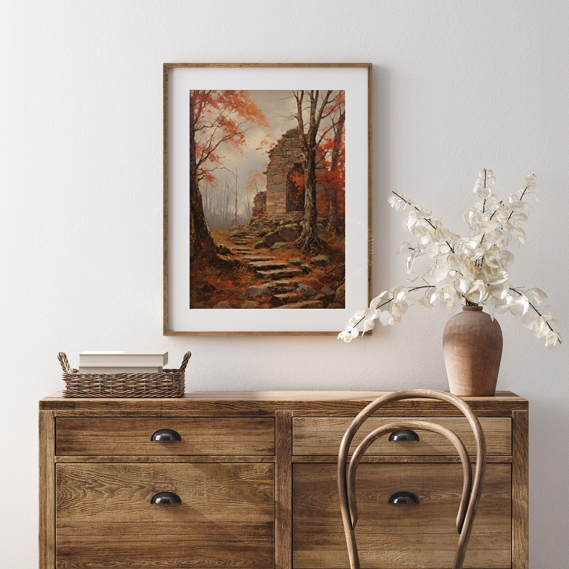 Autumn Stone Ruin Mossy Steps Red Orange Forest Vintage Landscape Poster - Image 7