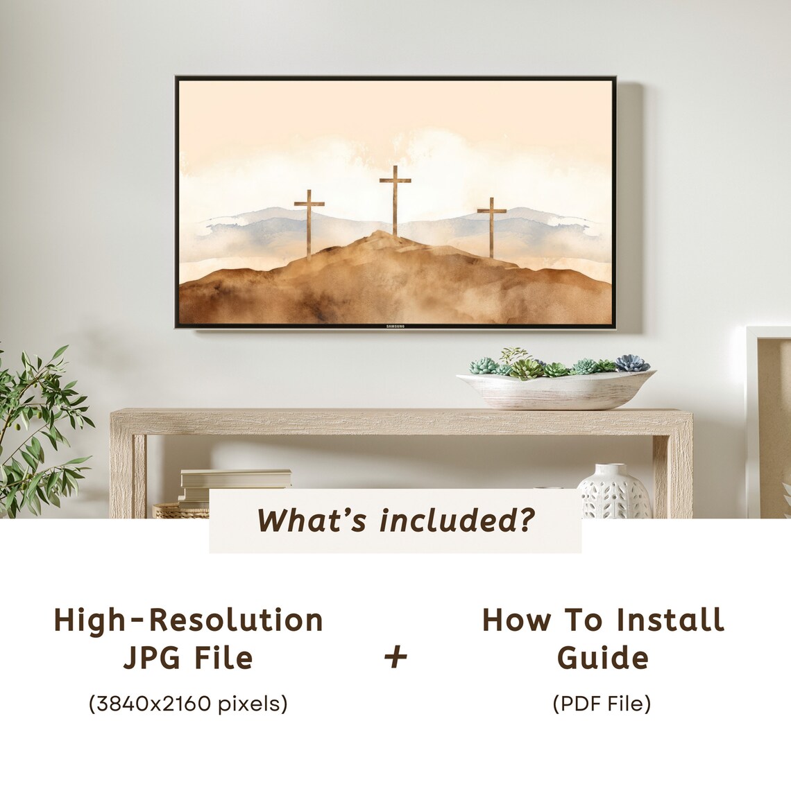 Three Wooden Crosses On Hill Soft Watercolor Sunrise Frame TV Art Poster - Image 6