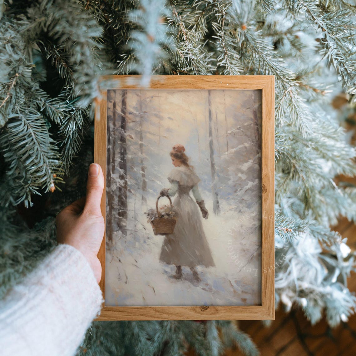 Woman Winter Forest Snowy Basket Vintage Moody Painting Poster - Image 8