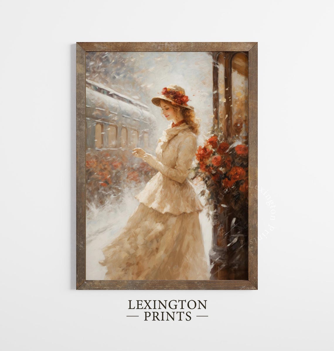Woman with Red Flowers Beside a Train in Snow Painting Poster - Image 4