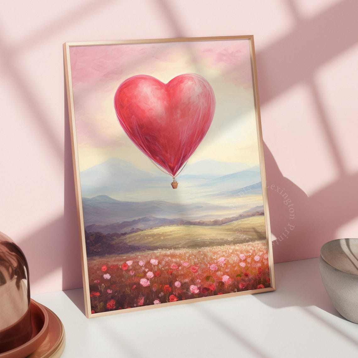 Red Heart Hot Air Balloon Over Wildflower Meadow Sunset Art Print - Image 7