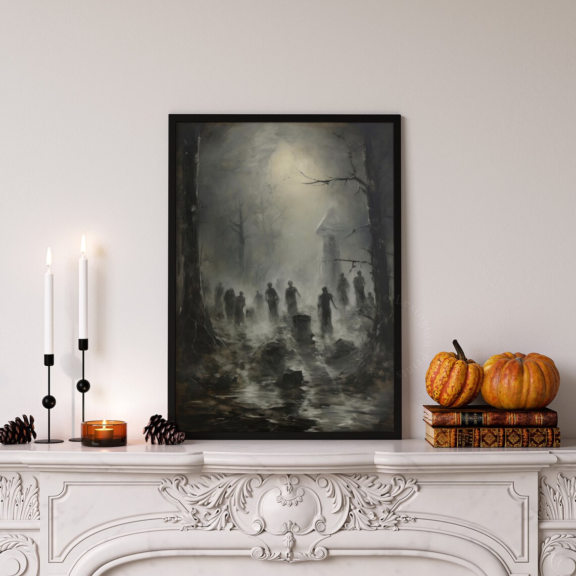 Ghostly Figures In Foggy Graveyard Misty Monastery Dark Gothic Painting Poster - Image 5