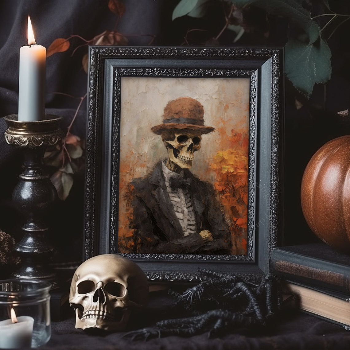 Skeleton in Bowler Hat and Suit Vintage Portrait Halloween Wall Art - Image 6