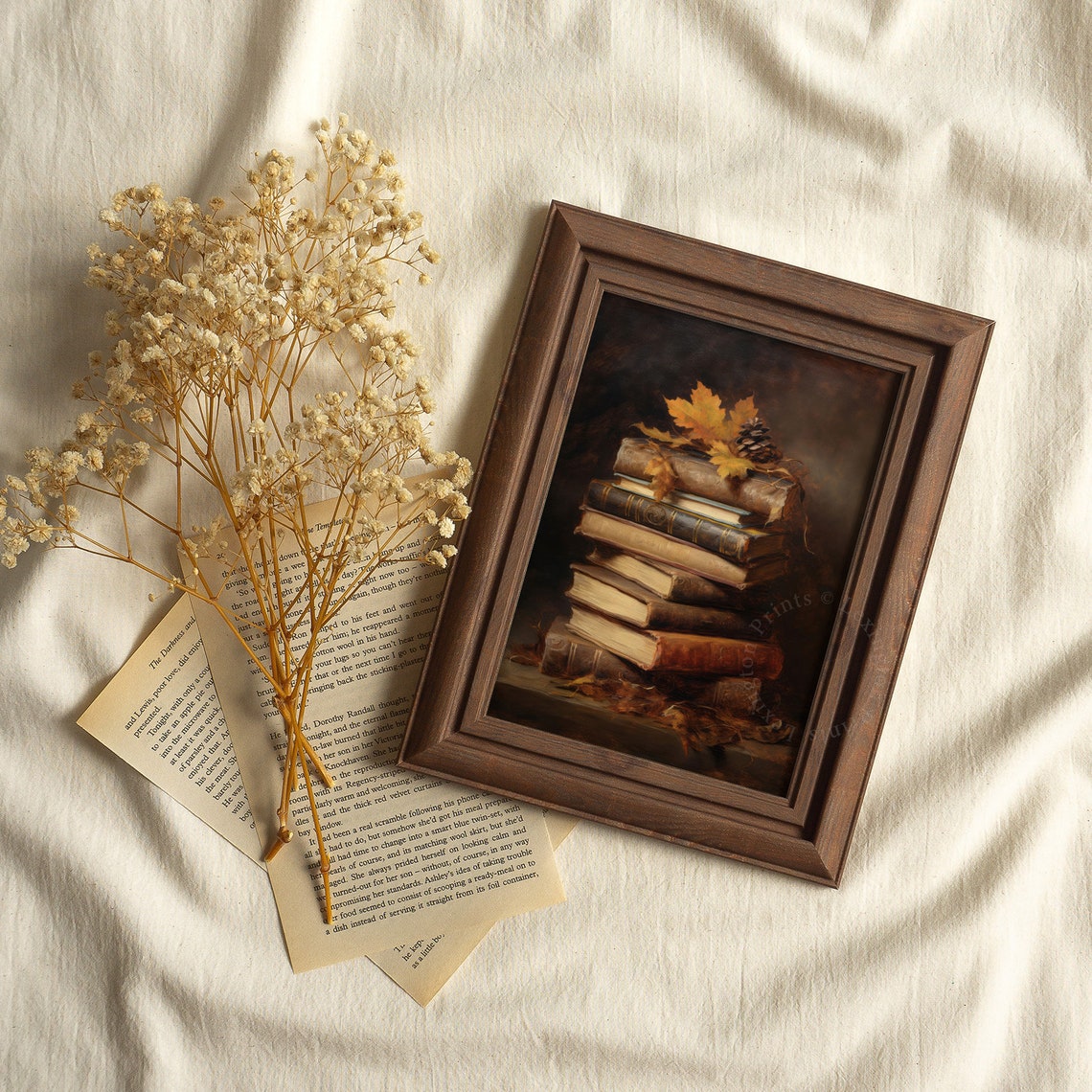 Stack of Old Books with Autumn Leaves Dark Still Life Poster - Image 4