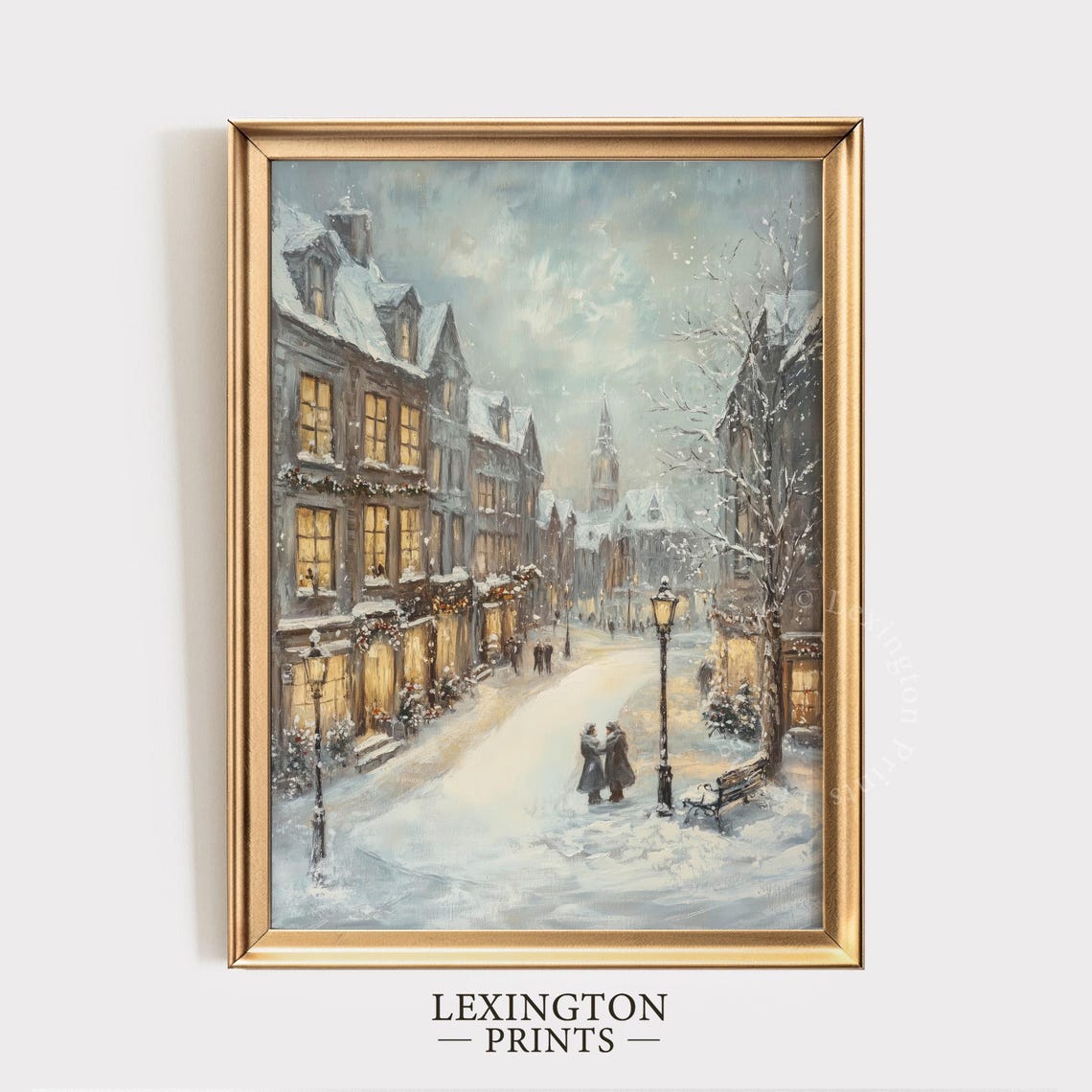 Snowy Lamplit Old Town Christmas Street Winter Painting Poster - Image 5
