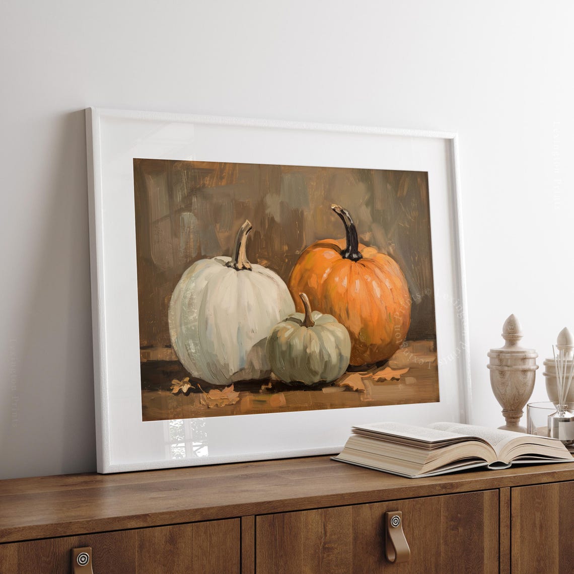 Three Pumpkins in Autumn Still Life Fall Harvest Decor Poster - Image 7