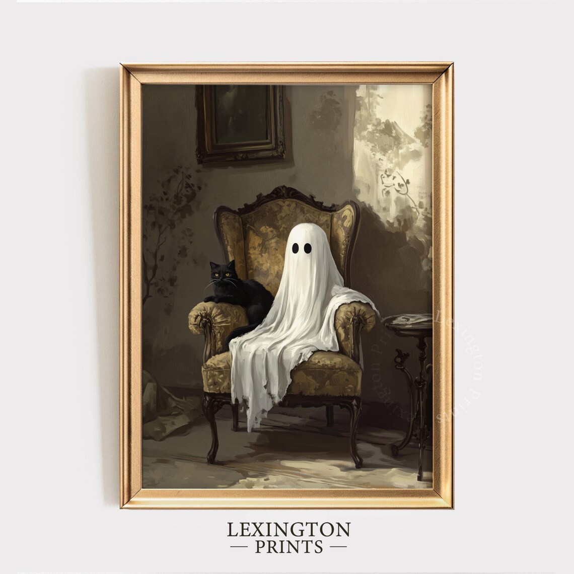 Ghost Sitting in Antique Armchair with Black Cat Moody Halloween Poster - Image 4