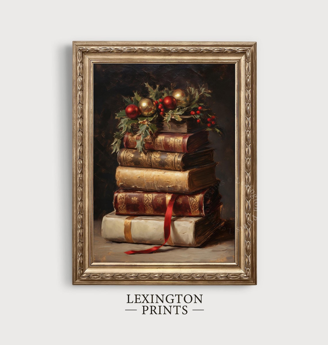 Vintage Books with Holly and Ornaments Christmas Still Life Poster - Image 4