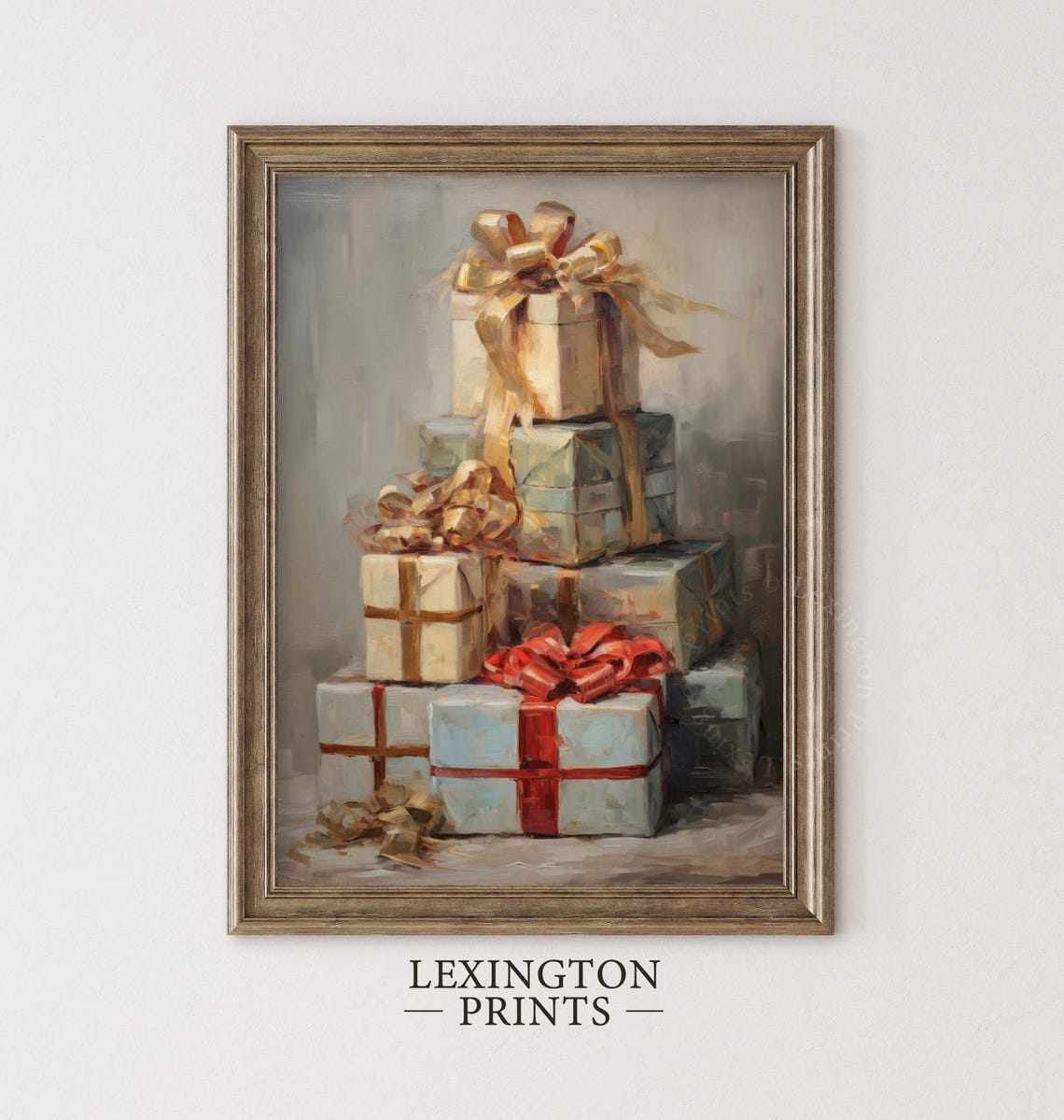 Stack of Elegant Wrapped Gifts Gold Red Ribbons Neutral Holiday Poster - Image 5