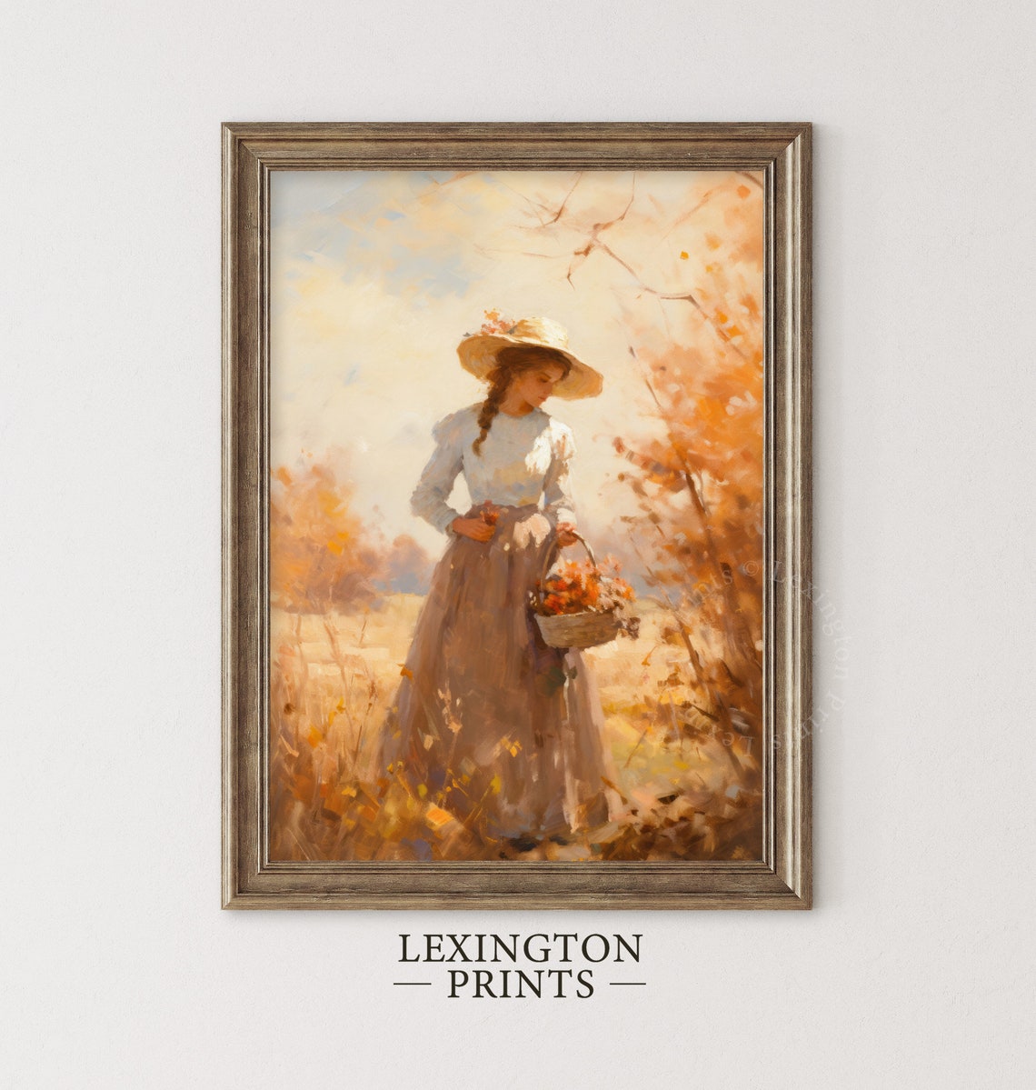 Woman with Flower Basket in Golden Autumn Field Romantic Fall Poster - Image 2