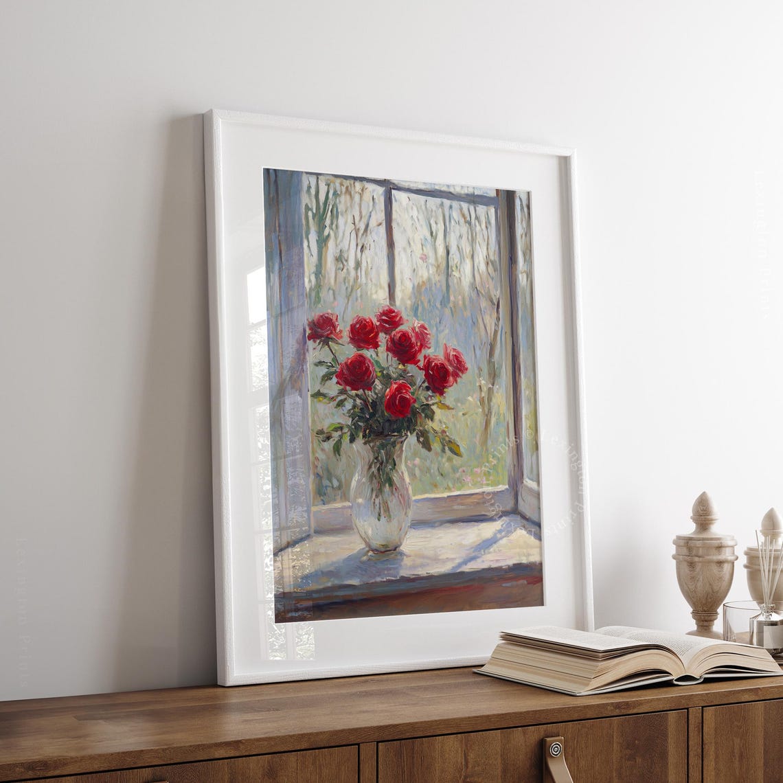Red Roses in Glass Vase on Sunlit Windowsill Floral Still Life Print - Image 4