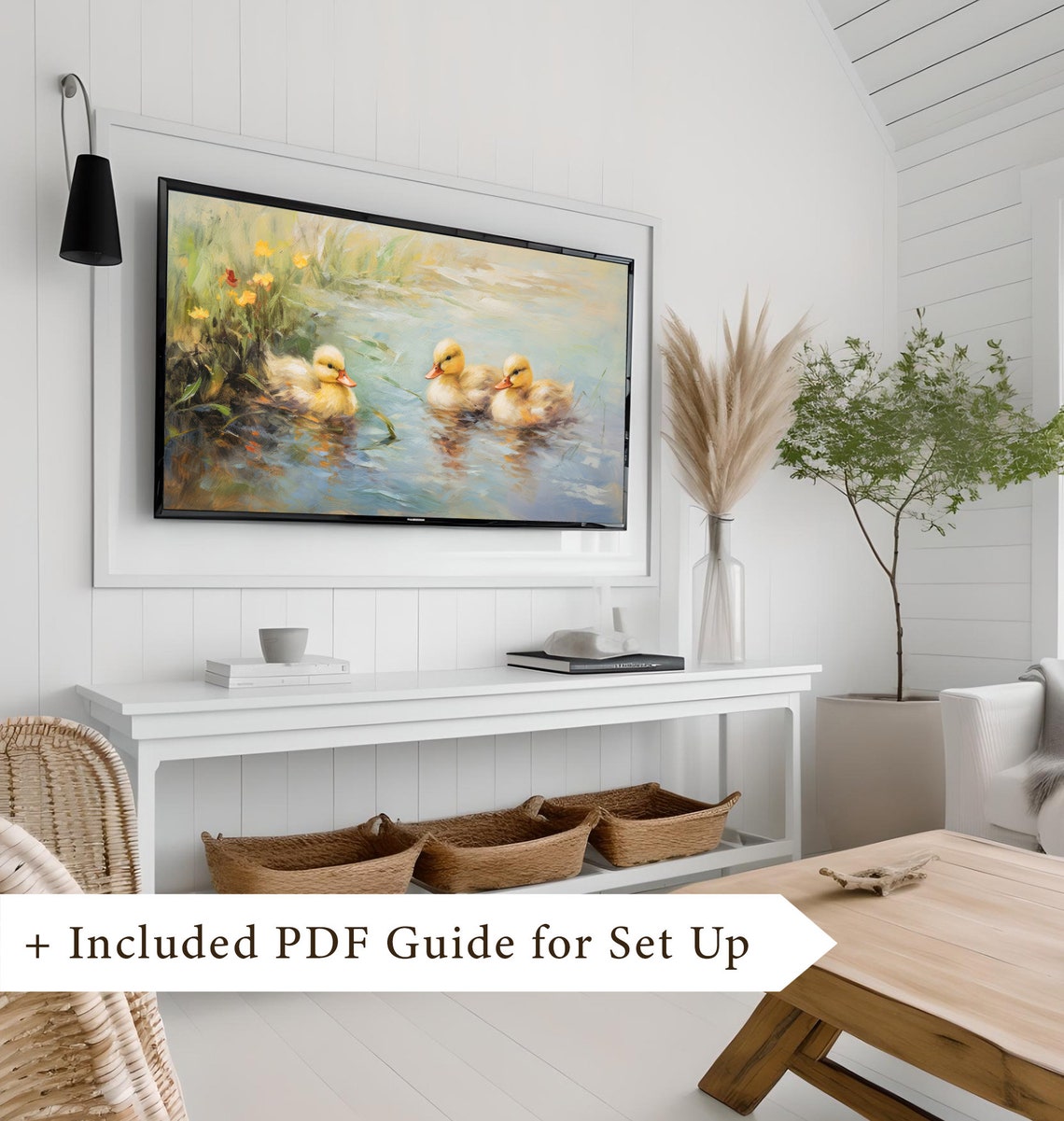 Three Ducklings Swimming in a Sunlit Pond Spring Painting Poster - Image 8