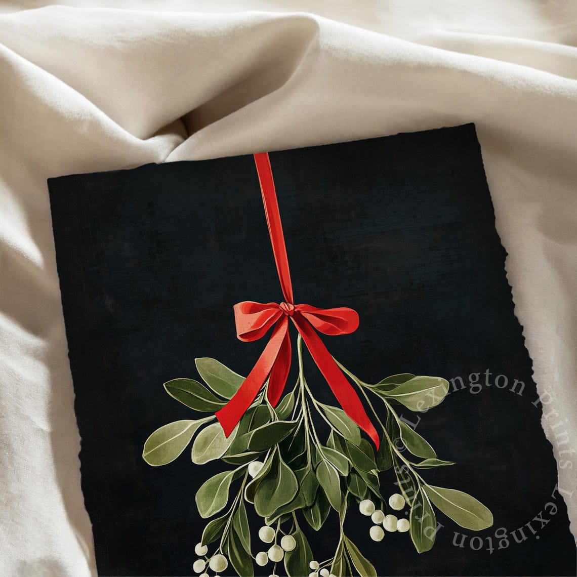 Mistletoe Hanging From Red Ribbon on Dark Background Botanical Print - Image 6