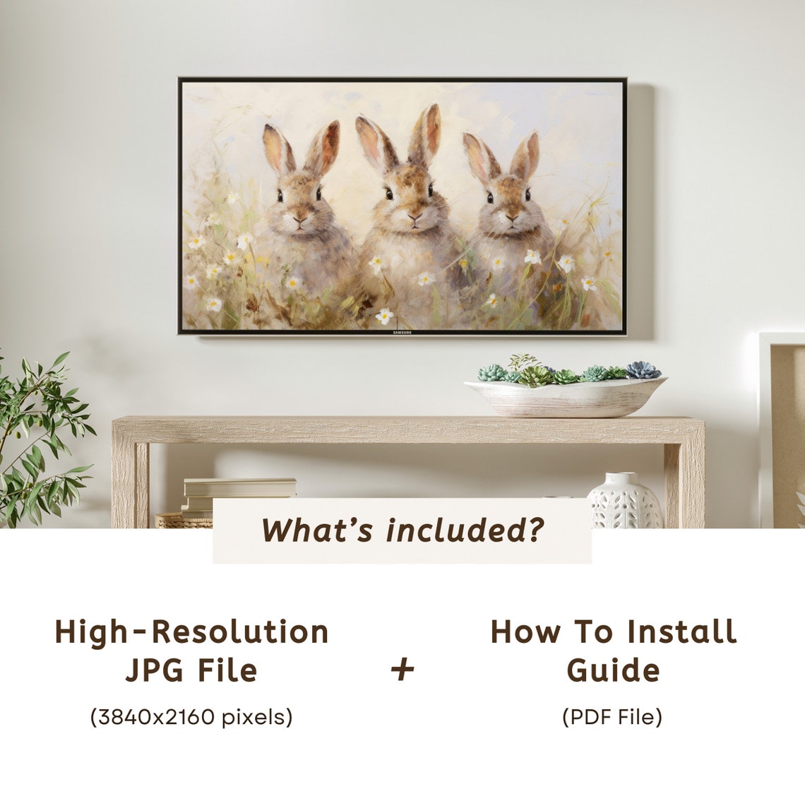 Three Cute Bunnies Among White Spring Daisies Watercolor Meadow Poster - Image 6