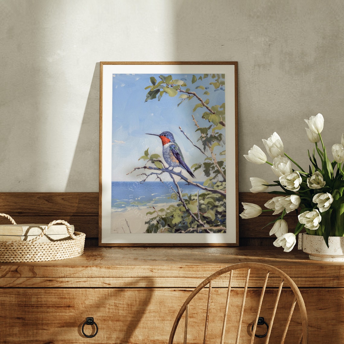 Ruby Throated Hummingbird on Branch Over Ocean Painting Poster - Image 2