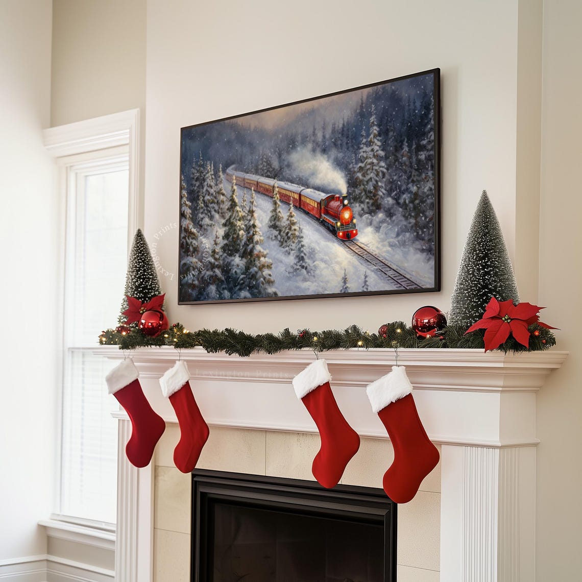 Red Christmas Steam Train Snowy Winter Forest Holiday Frame TV Poster - Image 6