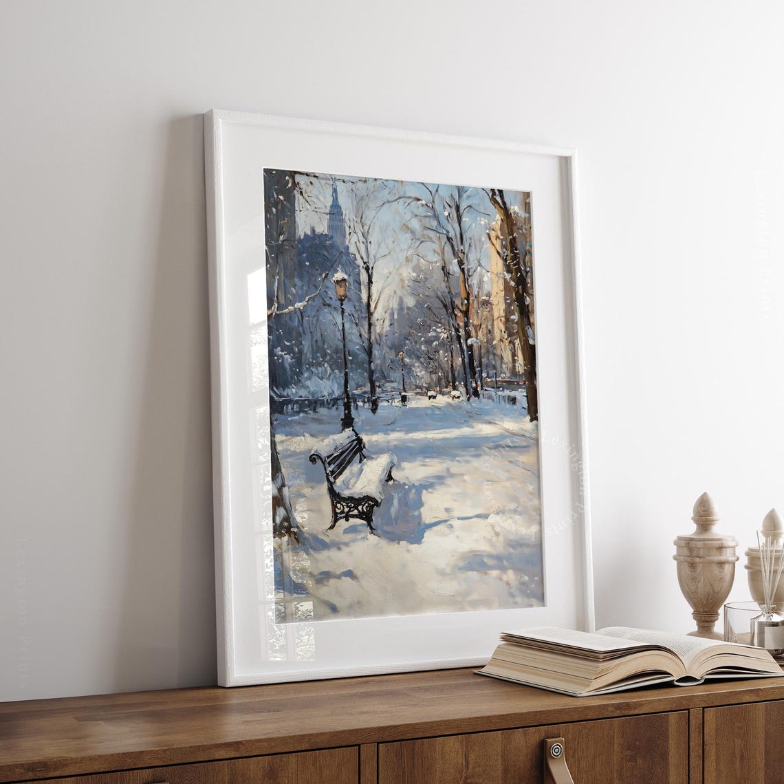 Snowy Park Bench Lamppost Quiet Winter Morning City Park Poster - Image 4