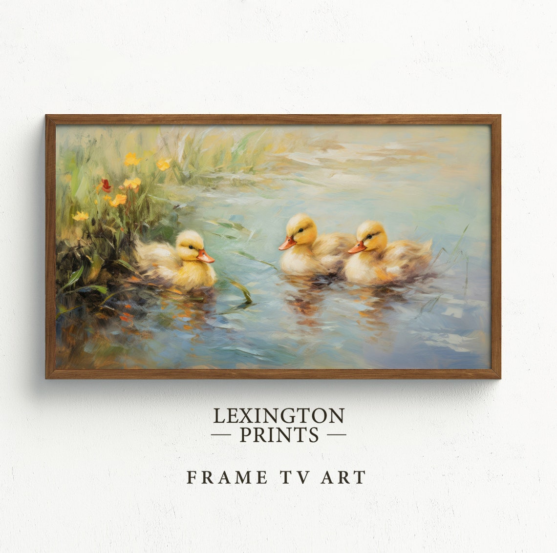 Three Ducklings Swimming in a Sunlit Pond Spring Painting Poster - Image 5