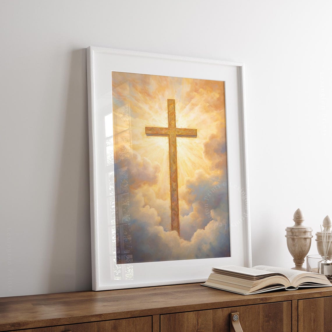 Golden Cross Against Glowing Sunrise Clouds Faith Hope Wall Art - Image 6