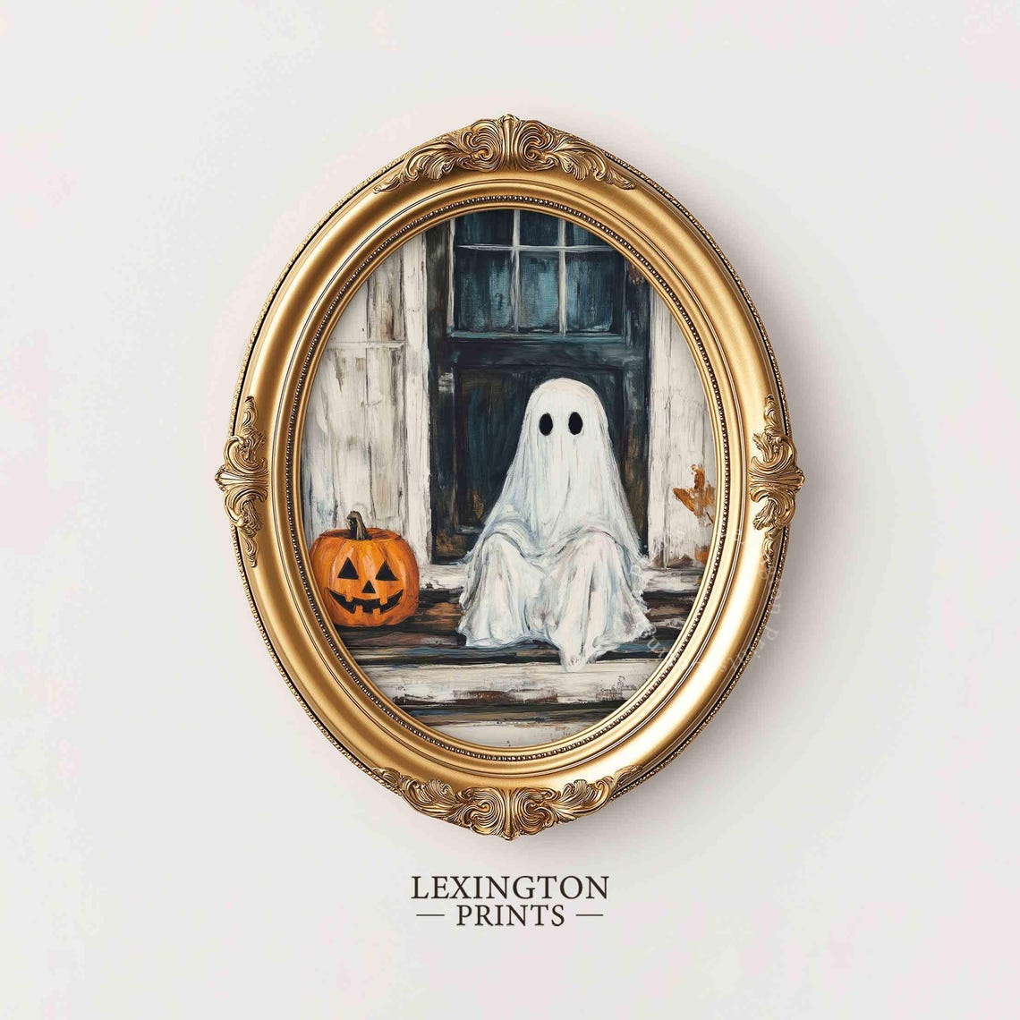 Ghost Sitting on Porch Steps with Jack-o-Lantern Halloween Poster - Image 5
