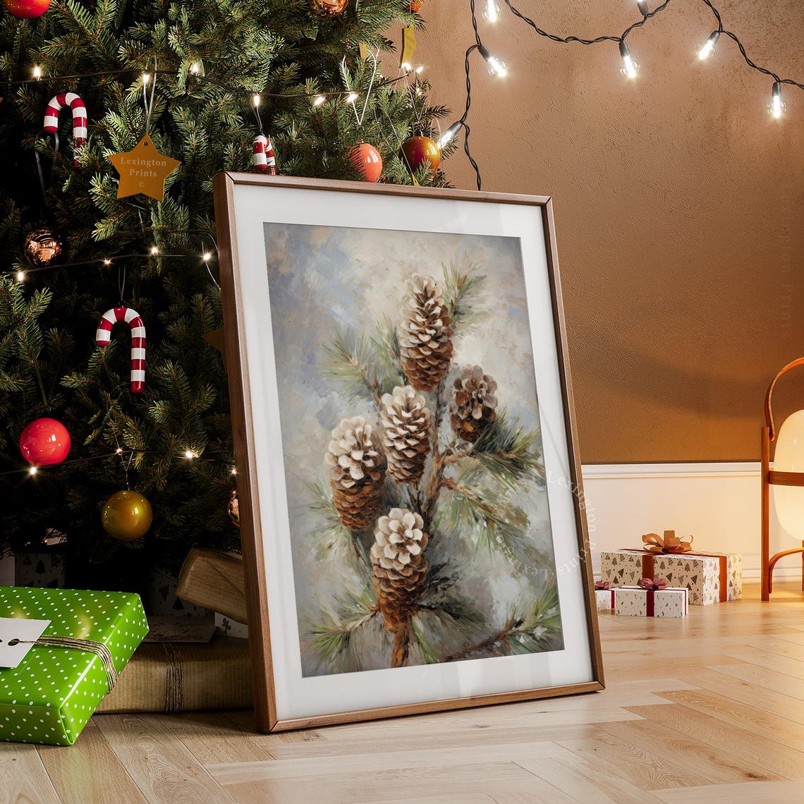 Frosted Pinecones on Snowy Evergreen Branch Still Life Poster - Image 3