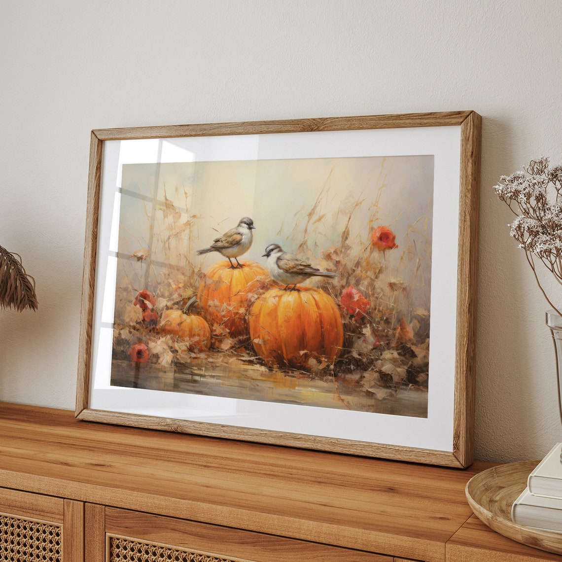 Two Songbirds on Pumpkins in Autumn Field Vintage Bird Poster - Image 4