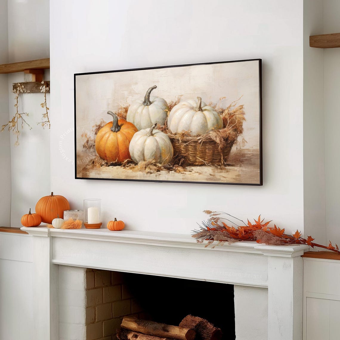 White and Orange Pumpkins in Wicker Basket Fall Still Life Poster - Image 7