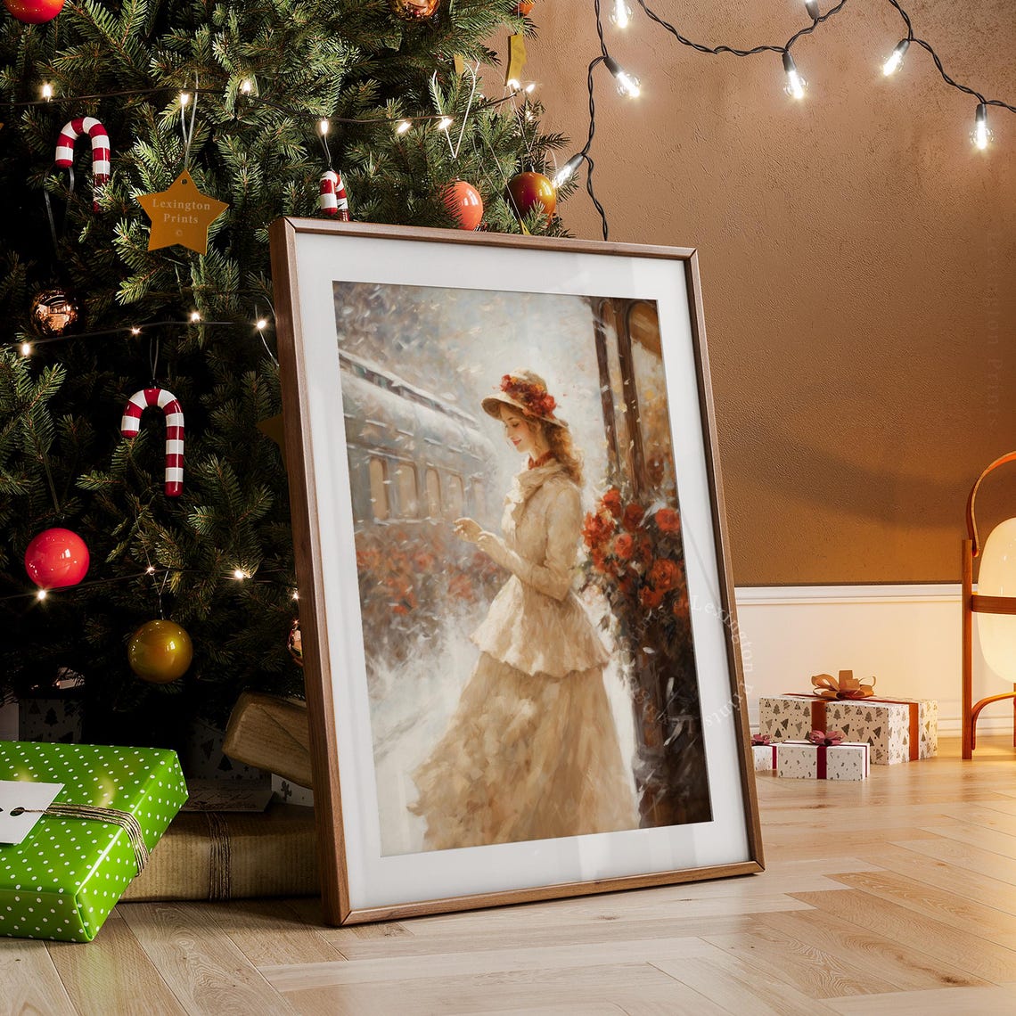 Winter Print Vintage Christmas Wall Art Woman Christmas Oil Painting Christmas Decor Vintage 1950s Art City Train Art Holiday Winter Art 308 - Image 3