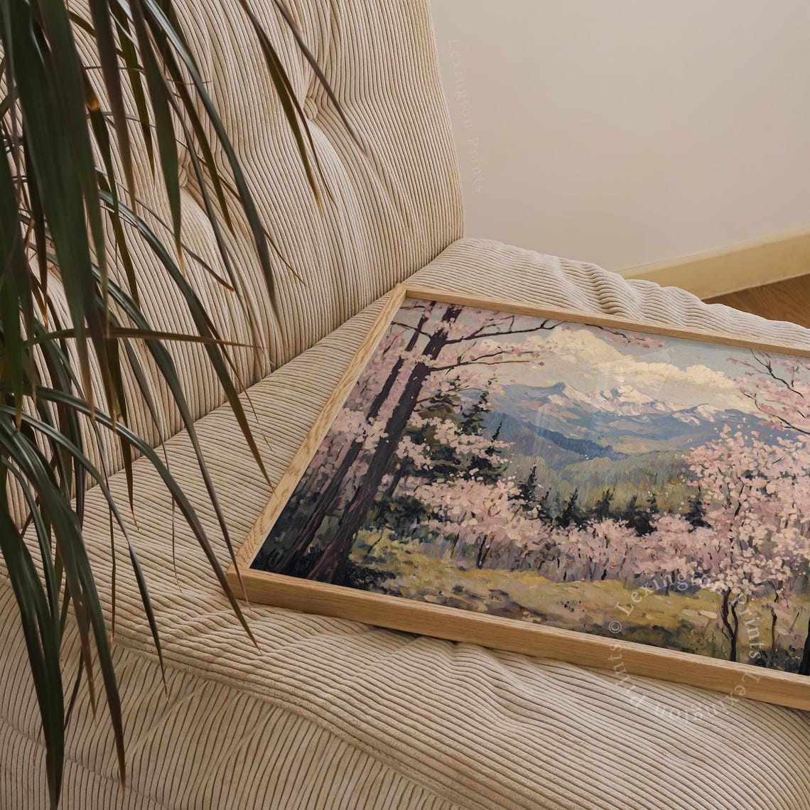 Cherry Blossom Grove with Dark Trunks and Snowy Peaks Wall Art - Image 3