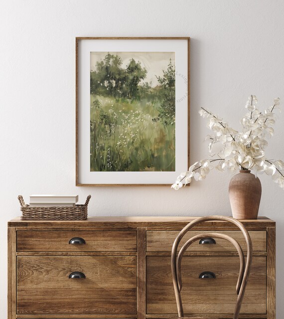 Soft Sunlit Wildflower Morning Meadow with Green Trees Watercolor Art Print