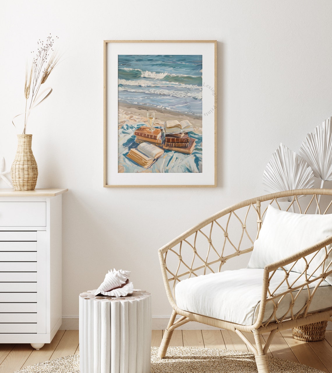 Books and Wine on the Beach Coastal Summer Oil Painting Poster - Image 3