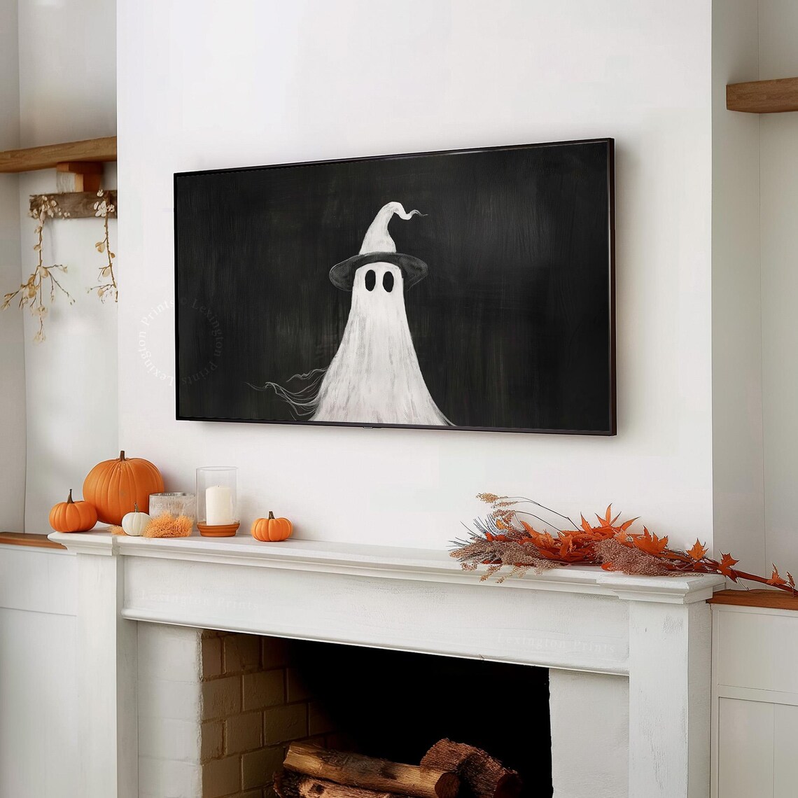 Cute Ghost Wearing Witch Hat Black Background Minimal Halloween Frame TV Art Poster - Image 7