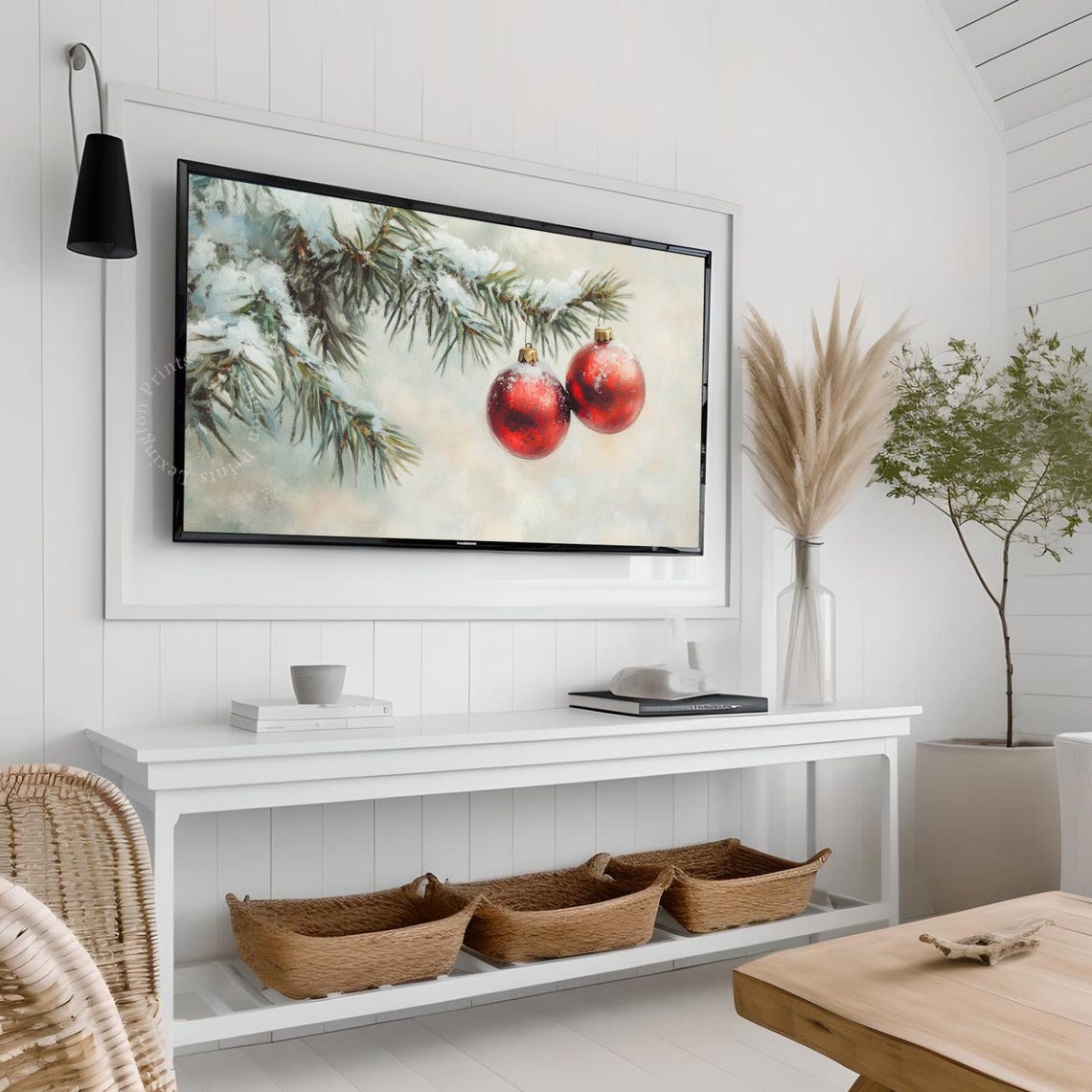 Red Christmas Ornaments Snowy Pine Branch Vintage Holiday TV Poster - Image 3