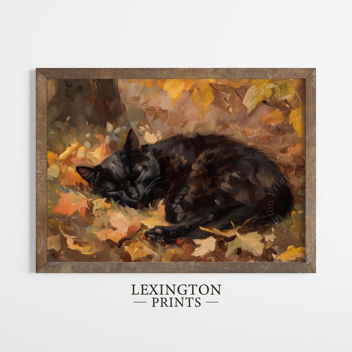 Sleeping Black Cat in Autumn Leaves Cozy Fall Oil Painting Wall Art - Image 4