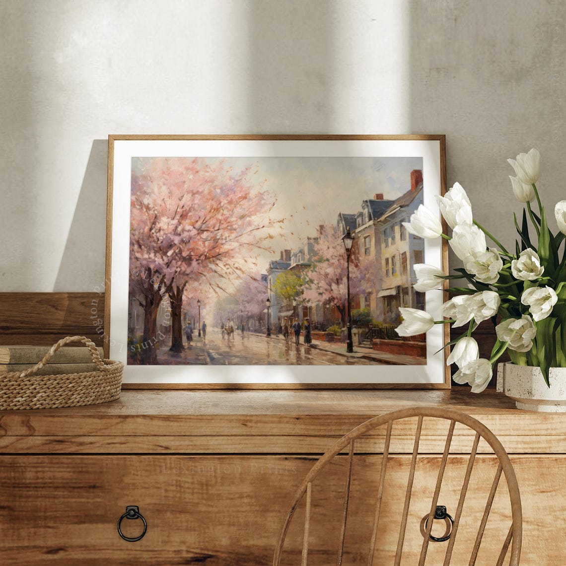 Cherry Blossom Street with Historic Townhouses Spring City Poster - Image 2