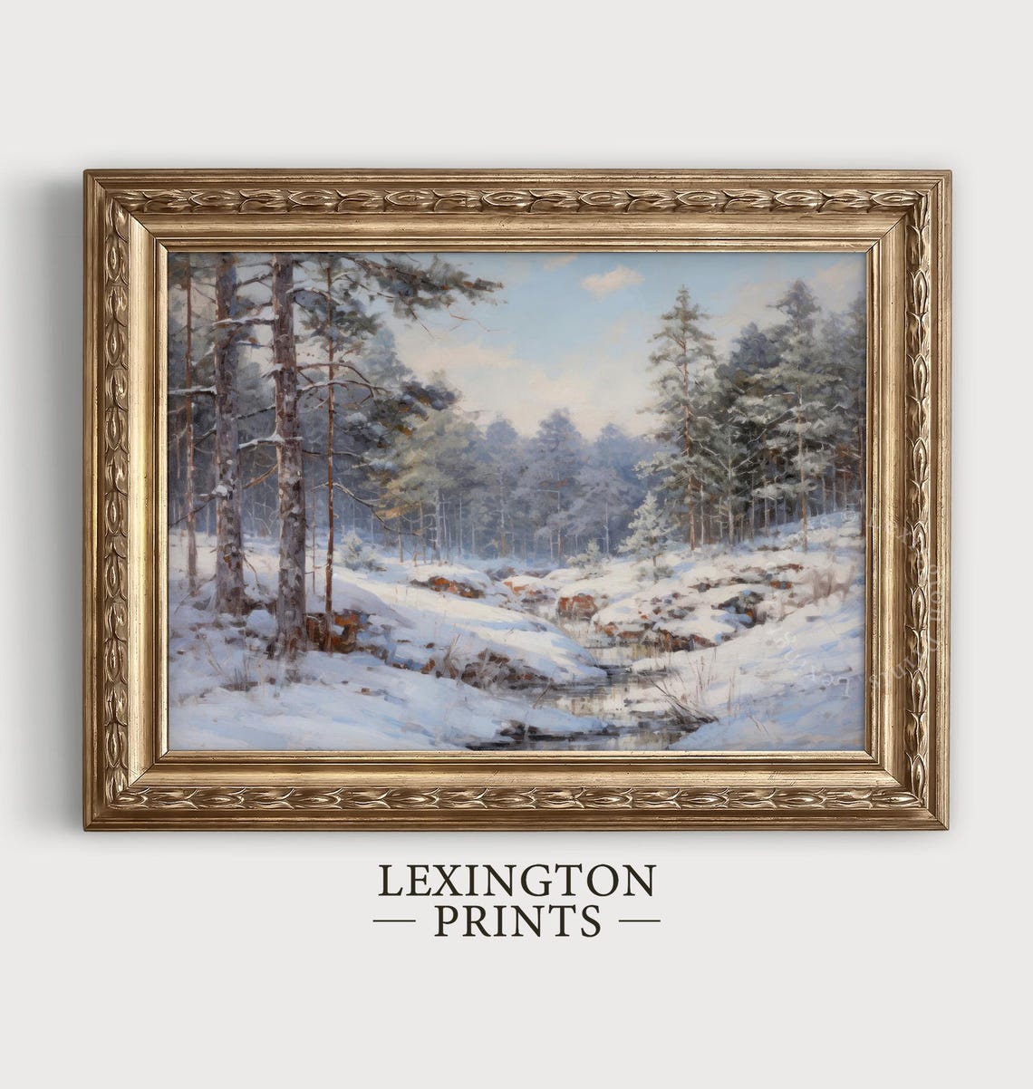 Frozen Creek Snowy Pine Forest Blue Winter Landscape Painting Poster - Image 5