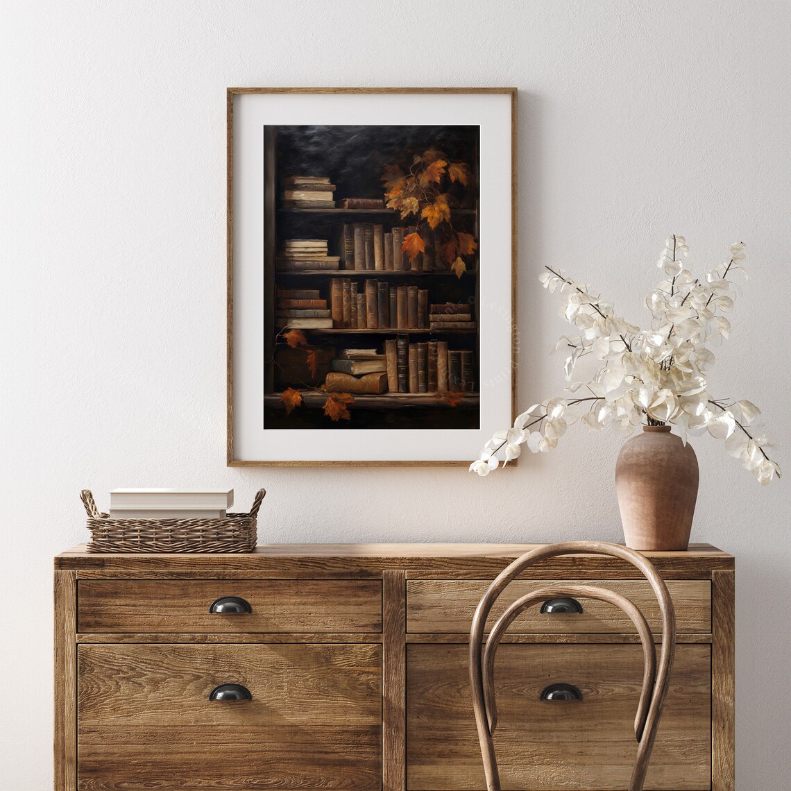 Dark Moody Bookshelf Vintage Books Autumn Maple Leaves Rustic Painting Poster - Image 6