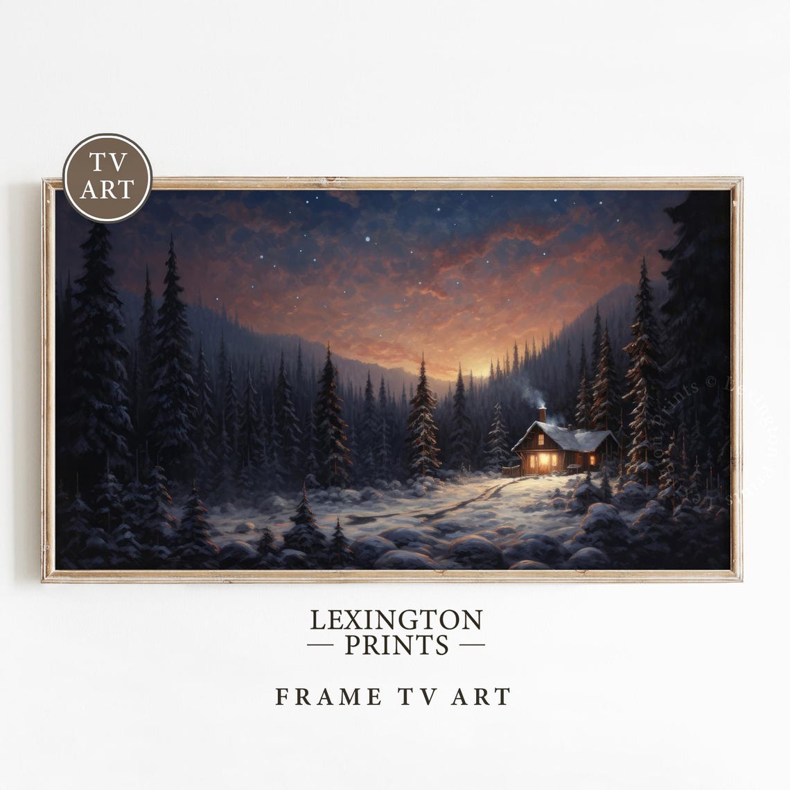 Snowy Cabin at Dusk Among Pines Winter Night Landscape Poster