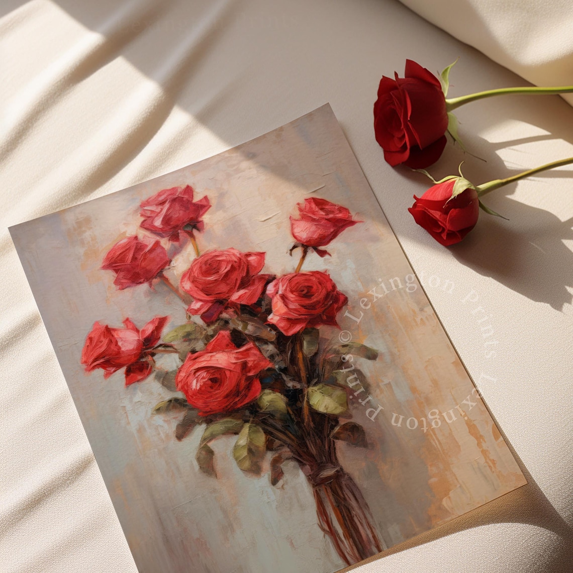 Red Roses Bouquet Vintage Floral Oil Painting Romantic Art Poster - Image 3