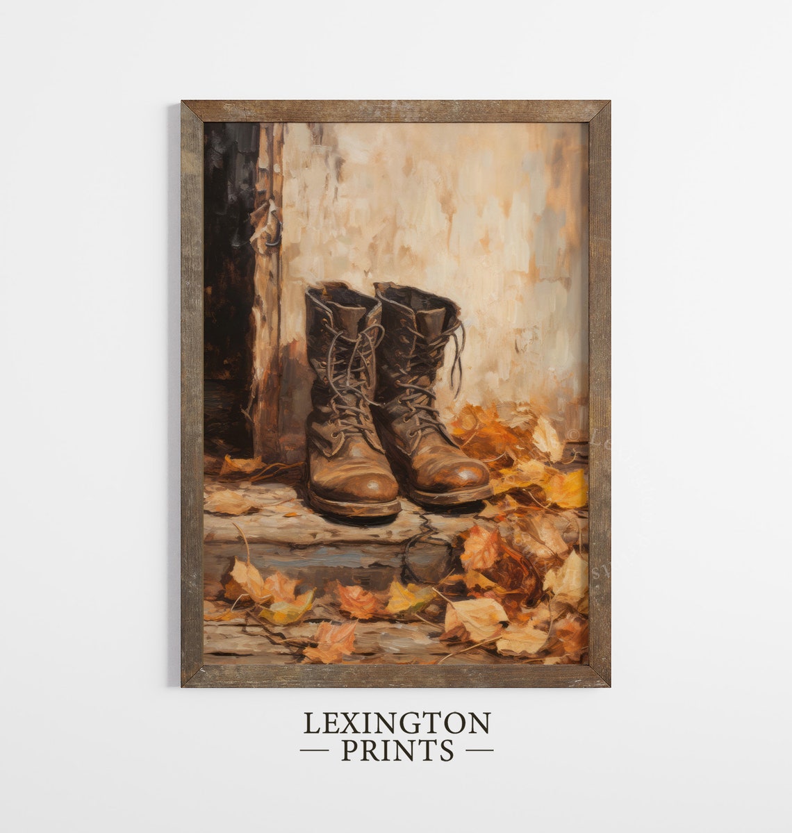 Worn Leather Work Boots Doorway Autumn Leaves Rustic Still Life Poster - Image 8
