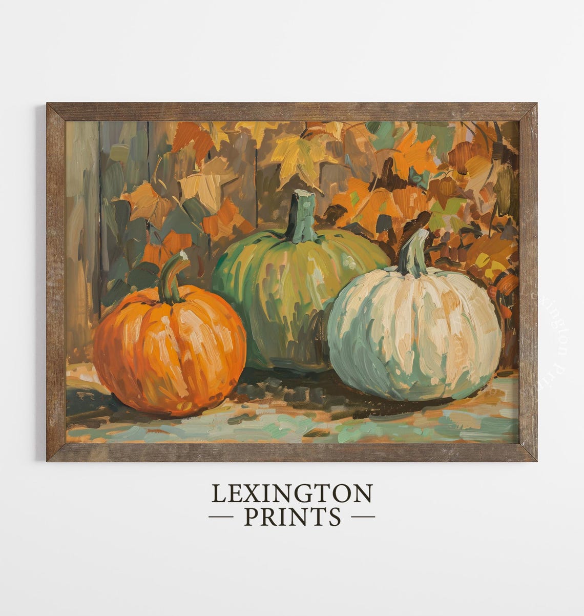 Three Pumpkins Still Life with Autumn Leaves Oil Painting Poster - Image 3